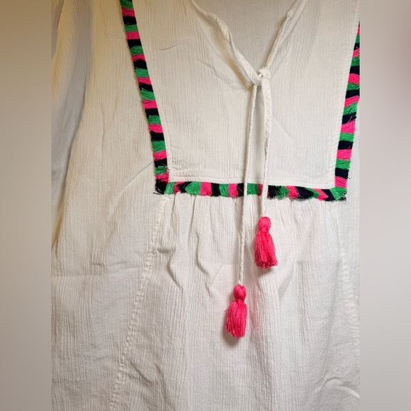 J. Crew MEDIUM Tunic Cover Up White Crepe Colorful Front V Neck Tassels Beach - Picture 3 of 9